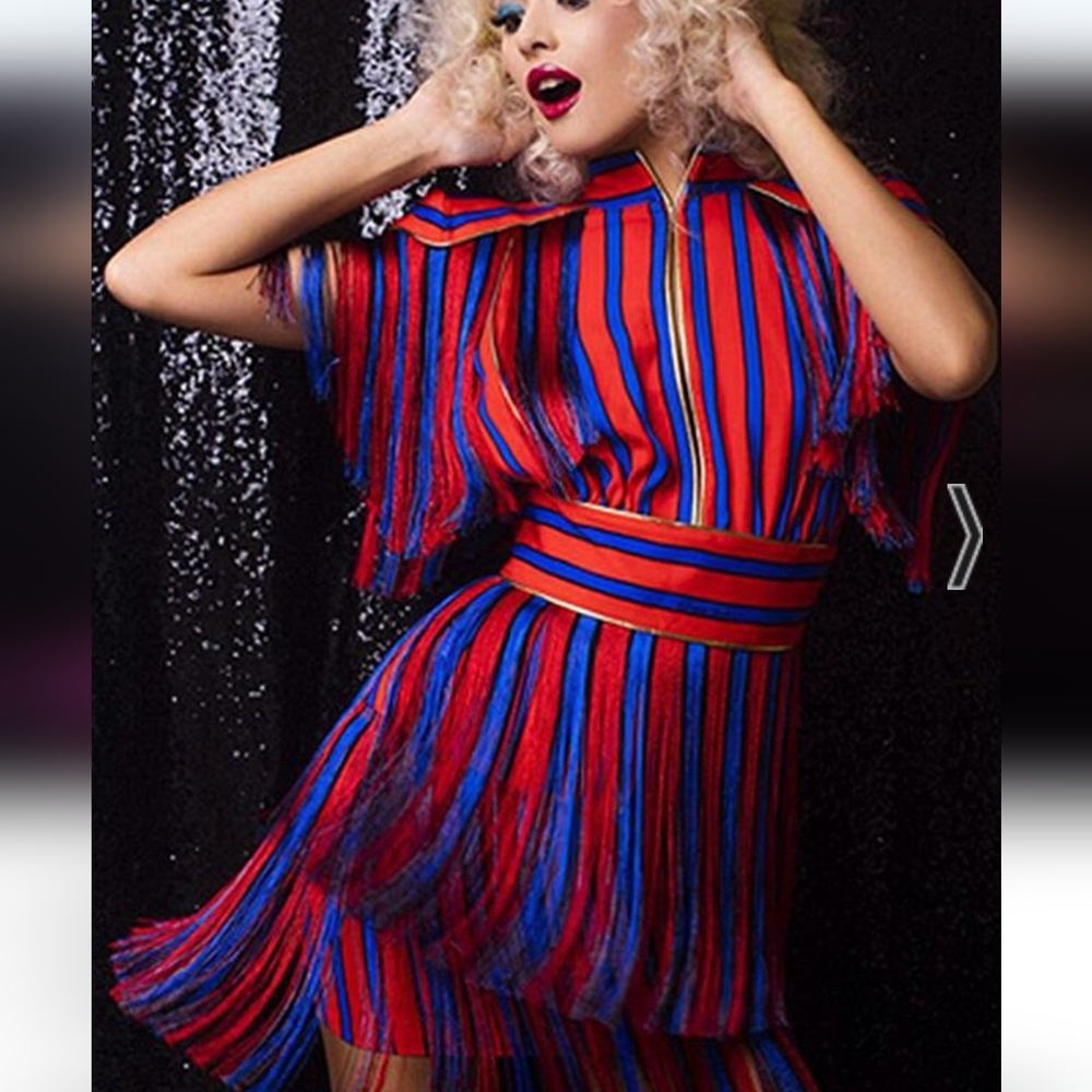 Red and blue stripe party dress